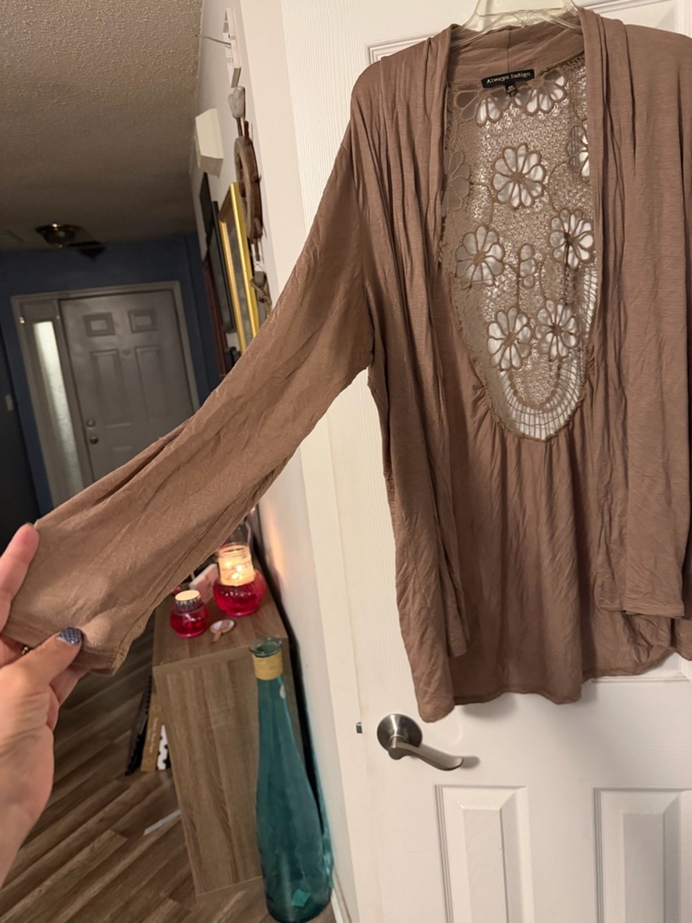 Light Brown Crochet-Back Open Cardigan - Picture 2 of 6